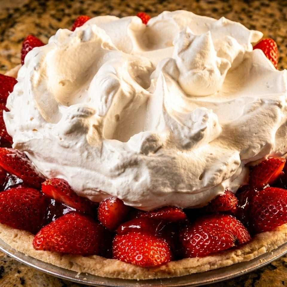 A whole strawberry pie with a thick layer of whipped cream on a granite countertop.