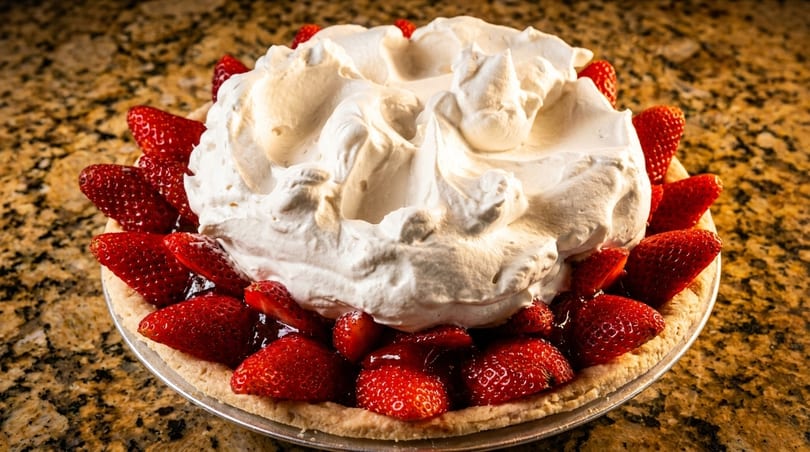 A whole strawberry pie with a thick layer of whipped cream on a granite countertop.