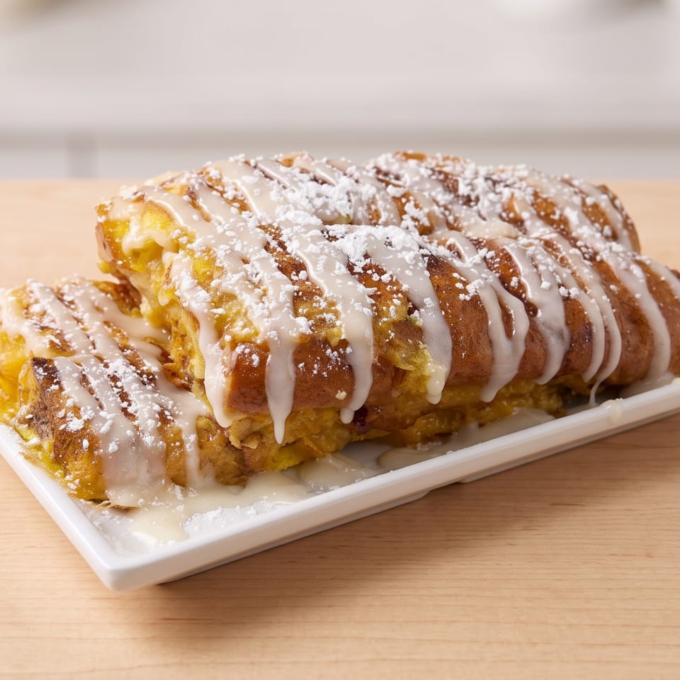 Golden French toast covered in white icing and powdered sugar on a white plate.