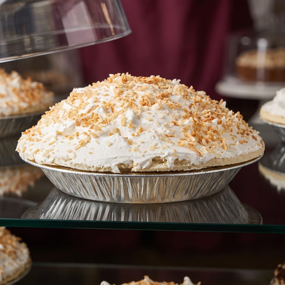 Coconut cream pie with whipped topping and toasted flakes in a foil pan on a glass shelf.