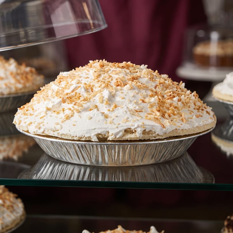 Coconut cream pie with whipped topping and toasted flakes in a foil pan on a glass shelf.
