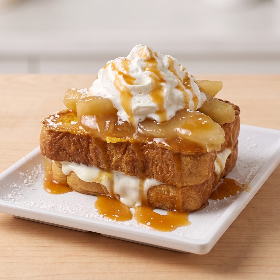 Stacked French toast with whipped cream, caramelized apples, caramel drizzle, and powdered sugar on a white plate.