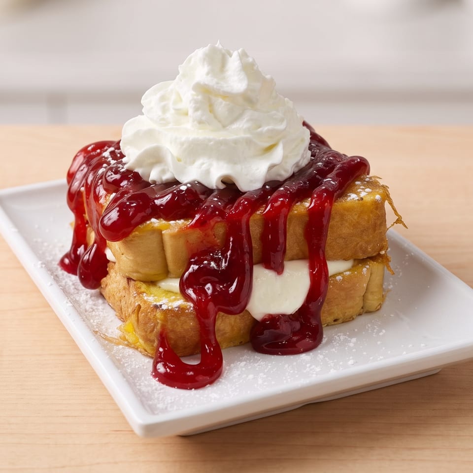 Two pieces of french toast topped with whipped cream, cherry sauce, and powdered sugar on a white plate.
